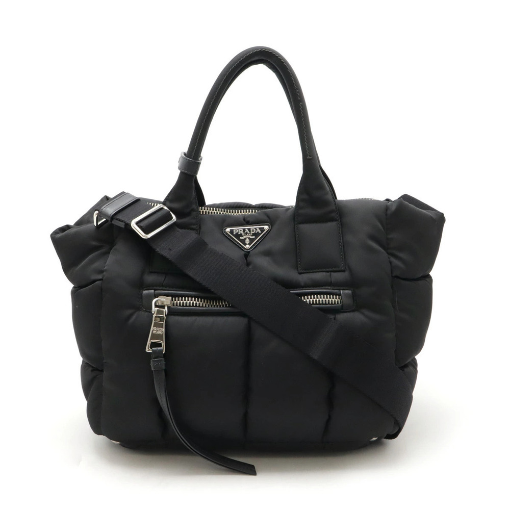Prada Bomber Handbag Tote Bag Crossbody Leather NERO Black duty